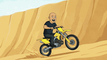 Illustrated Brother Eli rides a dirt bike through a desert jump