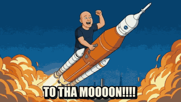 Brother Eli riding a rocket through orange clouds